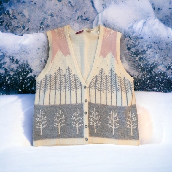 VTG TanJay Winter Vest L Cozy Trees Seed Pearls Gray Pink Cream Button Front - Picture 2 of 6